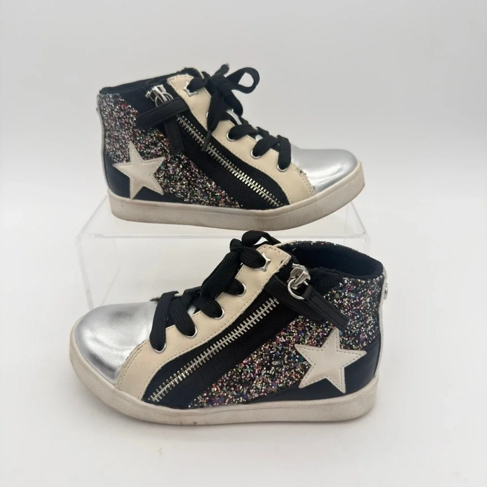 Nina Cass Girls Black Glitter Star High Top Sneakers Side Zip 11M